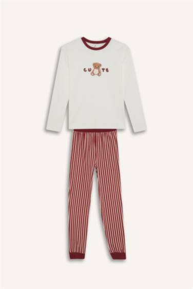 Kız Çocuk Pijama Takımı Baskılı Uzun Kollu Üst Çizgili Uzun Alt
