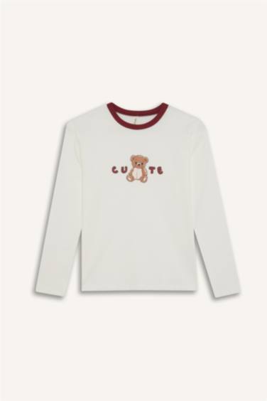 Kız Çocuk Pijama Takımı Baskılı Uzun Kollu Üst Çizgili Uzun Alt