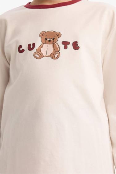 Kız Çocuk Pijama Takımı Baskılı Uzun Kollu Üst Çizgili Uzun Alt