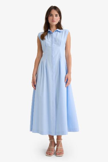 Flare Fit Poplin Kolsuz Midi Elbise