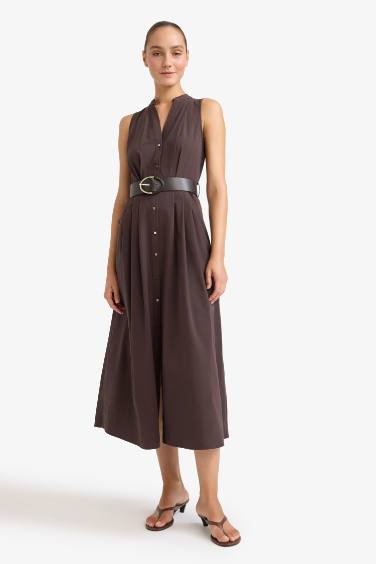 Regular Fit Belted Cotton Sleeveless Midi Dress