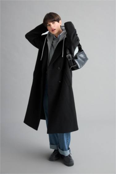 Regular Fit Çıkarılabilir Kapüşonlu Uzun Kaşe Kaban