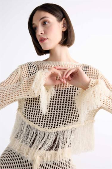 Boat Neck Tassel Detailed Long Sleeve Crochet Beach Top
