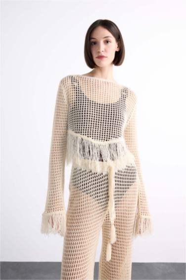 Boat Neck Tassel Detailed Long Sleeve Crochet Beach Top