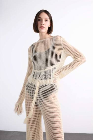 Boat Neck Tassel Detailed Long Sleeve Crochet Beach Top