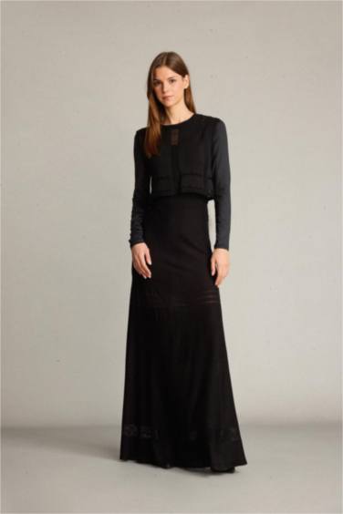 2'li Kroşe Triko Takım Bisiklet Yaka Kolsuz Bluz Beli Lastikli Maxi Etek