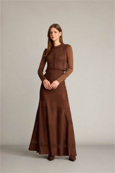 2'li Kroşe Triko Takım Bisiklet Yaka Kolsuz Bluz Beli Lastikli Maxi Etek