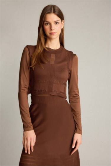 2'li Kroşe Triko Takım Bisiklet Yaka Kolsuz Bluz Beli Lastikli Maxi Etek