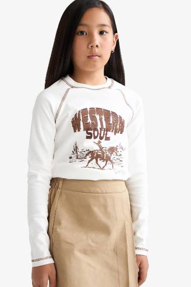 Girl Slim Fit Crew Neck Printed Rib T-Shirt