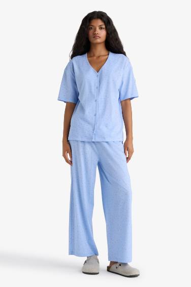 Pijama Takımı Regular Fit V Yaka Düğmeli Kısa Kollu Üst Uzun Alt-Fall in Love