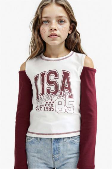 تيشيرت بناتي كم طويل مضلع بطبعة شعار سليم فيت