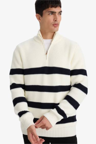 Standard Fit Half Zippered Striped Knit Pullover