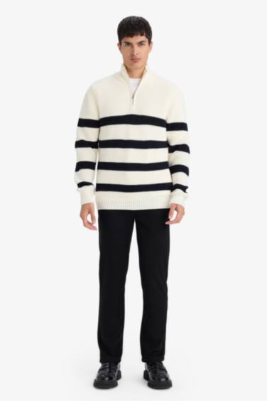 Standard Fit Half Zippered Striped Knit Pullover