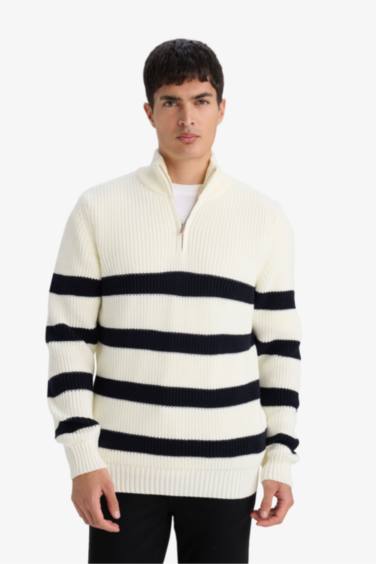 Standard Fit Half Zippered Striped Knit Pullover