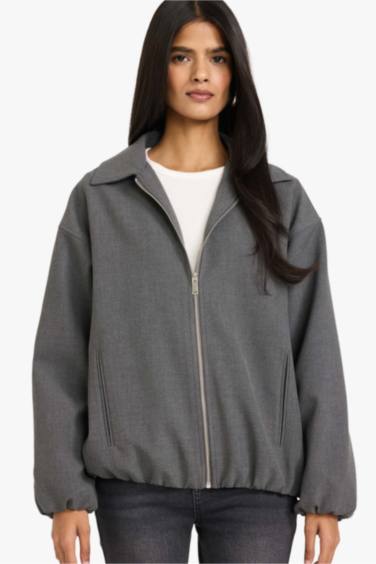 Fermuarlı Cepli Tafta Ceket