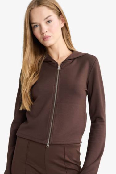 Slim Fit Dar Kesim Kapüşonlu Modal Fermuarlı Sweatshirt