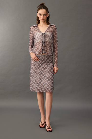 Blouse slim en tulle à carreaux Col chemise à noeuds