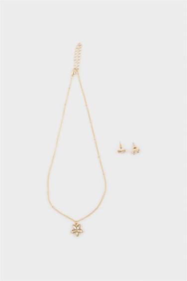 Kadın Çiçek Uçlu Gold 2'li Kolye Küpe Seti