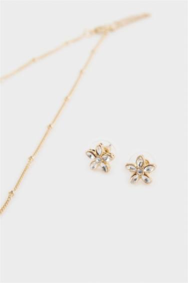 Kadın Çiçek Uçlu Gold 2'li Kolye Küpe Seti