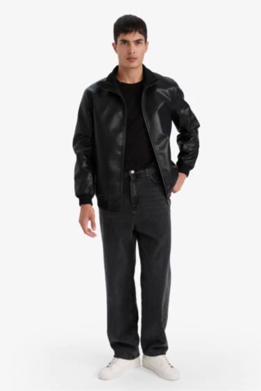 Veste en similicuir à col montant doublée zippée Coupe slim