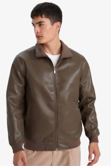 Veste en similicuir à col montant doublée zippée Coupe slim