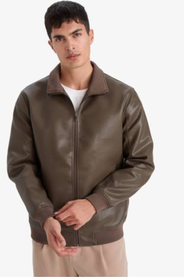 Veste en similicuir à col montant doublée zippée Coupe slim