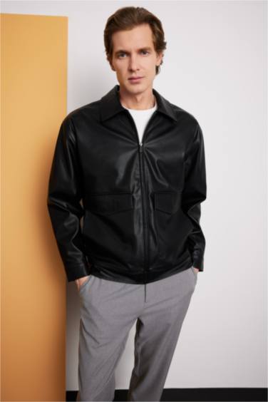 جاكيت جلد صناعي سليم فيت بياخة بولو مبطن