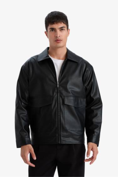 Slim Fit Polo Collar Lined Faux Leather Jacket