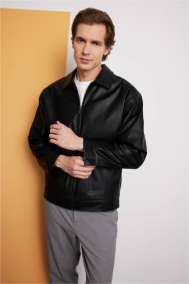 جاكيت جلد صناعي سليم فيت بياخة بولو مبطن