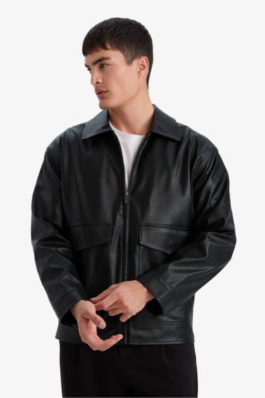 Slim Fit Polo Collar Lined Faux Leather Jacket