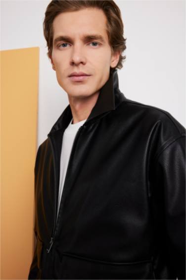 جاكيت جلد صناعي سليم فيت بياخة بولو مبطن