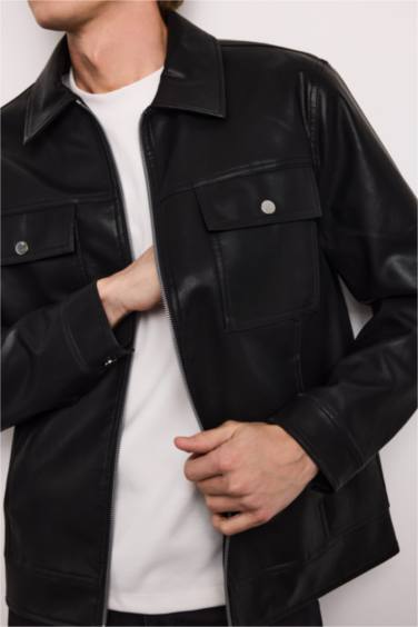 Slim Fit Astarlı Fermuarlı Suni Deri Mont