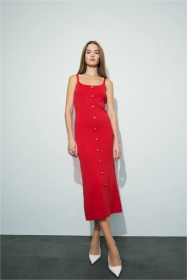 A Kesim Triko Askılı Midi Elbise