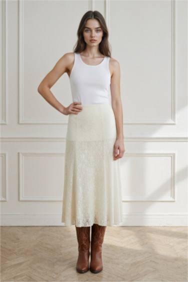 A Line Lace High Waist Maxi Knitted Skirt