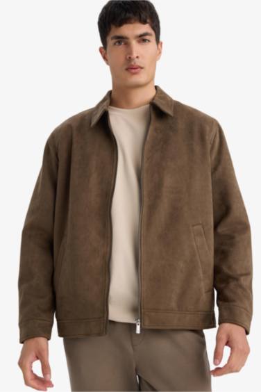 Regular Fit поло жағалы астары бар найзағайлы күдері куртка