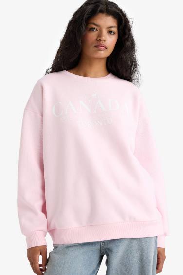 Oversize Geniş Kalıp Bisiklet Yaka Baskılı Kalın Sweatshirt