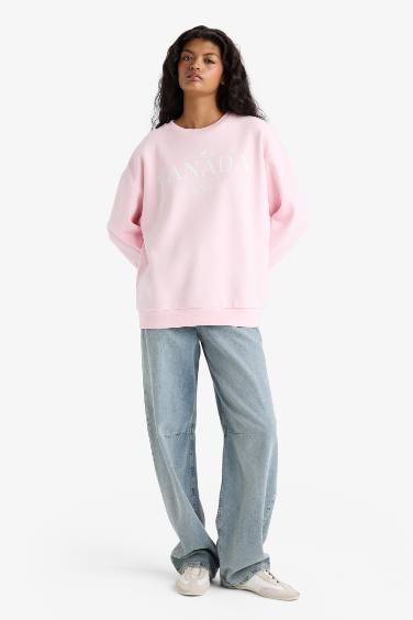 Oversize Geniş Kalıp Bisiklet Yaka Baskılı Kalın Sweatshirt