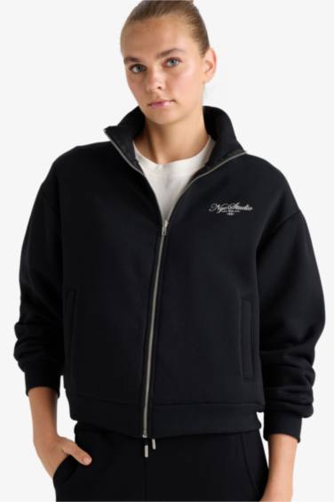 Relax Fit Dik Yaka Baskılı Kalın Fermuarlı Sweatshirt