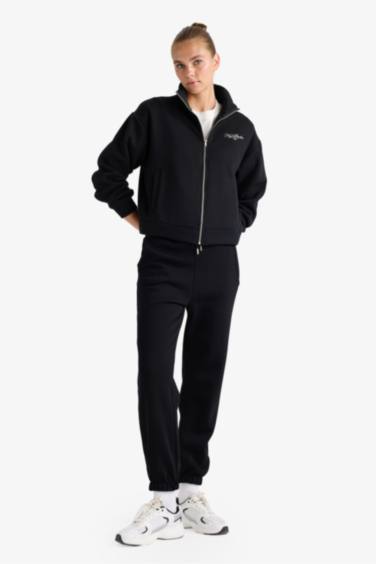 Relax Fit Dik Yaka Baskılı Kalın Fermuarlı Sweatshirt