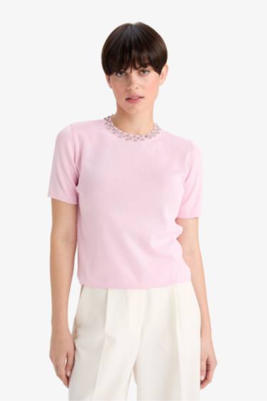 Regular Fit Crew Neck Embroidered Knitwear Pullover