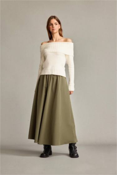 تنورة طويلة بوبلين بخصر مطاطي