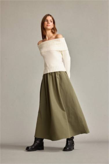 تنورة طويلة بوبلين بخصر مطاطي