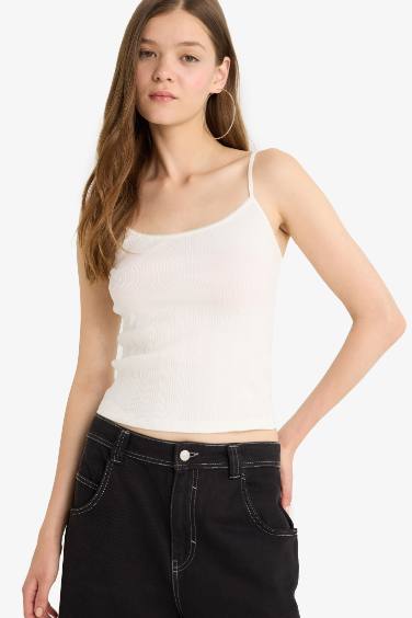 Fitted U Neck Corduroy White Tank Top