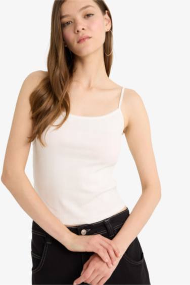 Fitted U Neck Corduroy White Tank Top