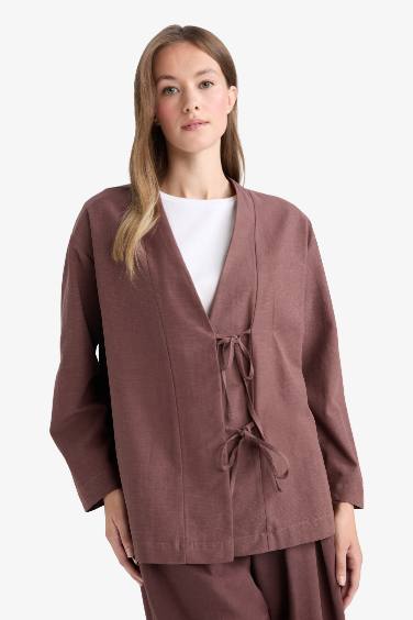 Regular Fit V Yaka Keten Karışımlı Kimono