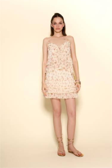 Coool Çiçekli Normal Bel Penye Astar Şifon Mini Etek