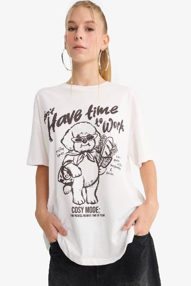 تيشيرت نص كم اوفر سايز بطبعة شعار