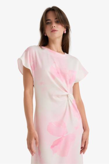 Bisiklet Yaka Batik Saten Kısa Kollu Midi Elbise