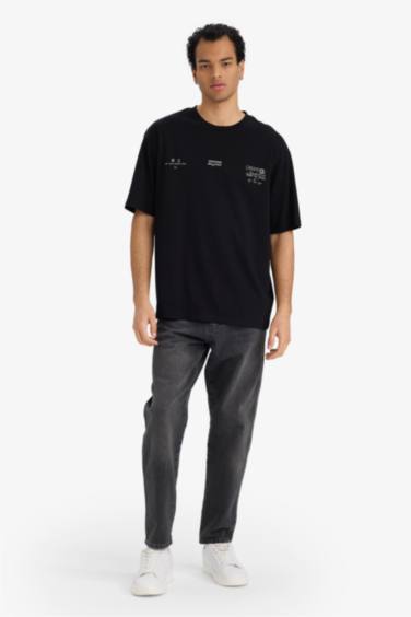 تيشيرت نص كم أوفر سايز مطبوع برقبة مستديرة