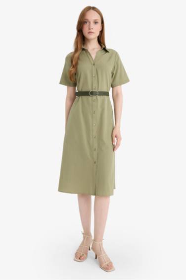 فستان نص ردن بوبلين بياخة قميص